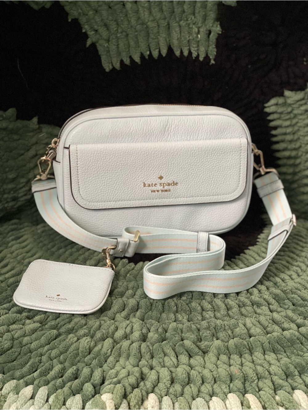Kate Spade ♠️ Light Blue Pebbled Leather Crossbody with Pastel Stripe Strap